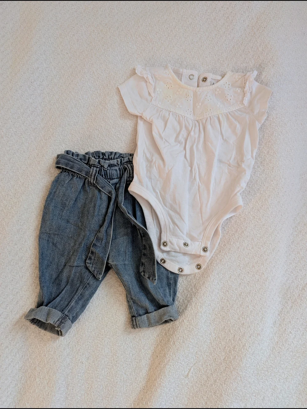 Bundle 3 Month Baby Girl Outfit Sets — White Top, Knit Cardigan & Denim Pants